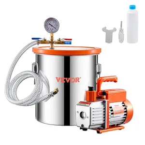 fathersdaygift VEVOR 5 Gallon Vacuum Chamber and 3.5 CFM Pump Kit, Stainless Steel Chamber, Single Stage Vacuum Pump Degassing Chamber Kit, with Acrylic Lid, Oil, 4.92 ft Hose, for Degassing Resin Silicone Epoxies