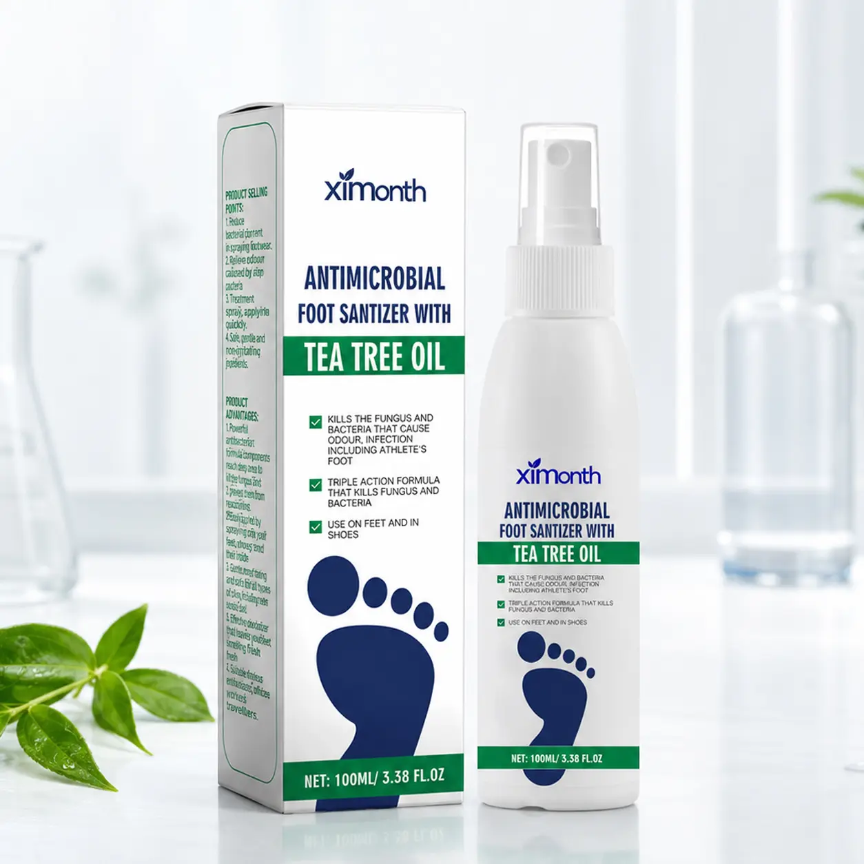 Tea Tree Oil Foot Spray, Natural Antifungal Foot Sanitizer for Foot & Shoe Freshness, Plant-Based Deodorant Eliminates Foot Odor, Moisturizes Dry Feet, Ximonth Clear Foot Care Mist