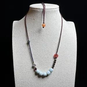 Celadon & Red Agate Beaded Necklace - Adjustable