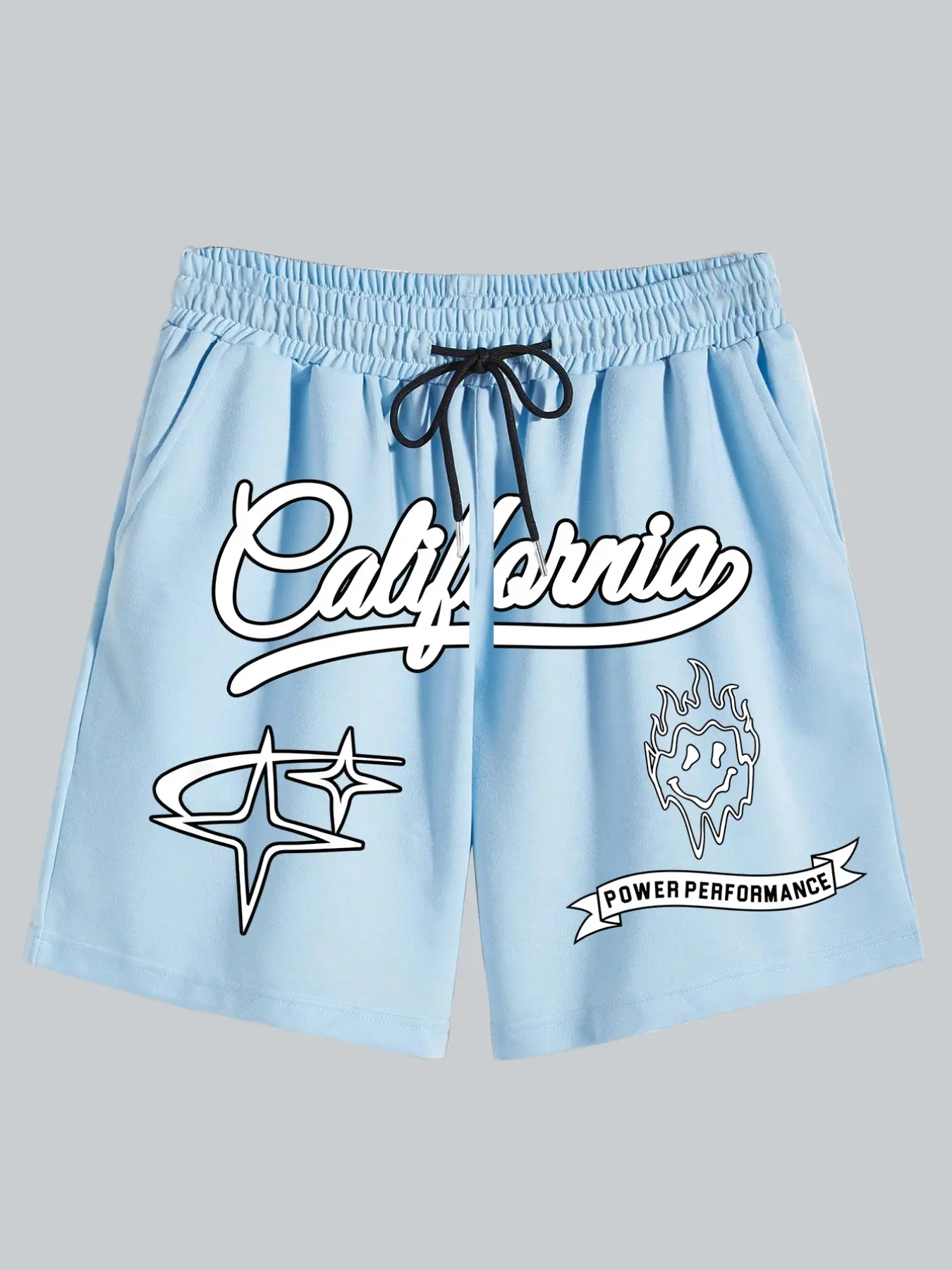 Men's "California" Streetwear Shorts - Retro Script & Flame Smiley Print Light Blue Shorts, West Coast Streetwear with Minimalist Graphic Design, Soft Cotton Blend Drawstring Waist Casual Shorts, Perfect for Beach Days, Street Style and Summer Wear