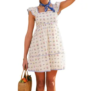 Women's Floral Mini Dress Cute Boho Dress Cap Sleeve Square Neck Babydoll Dress Short Smocked Back Flowy Sundress A-Line Short Dress