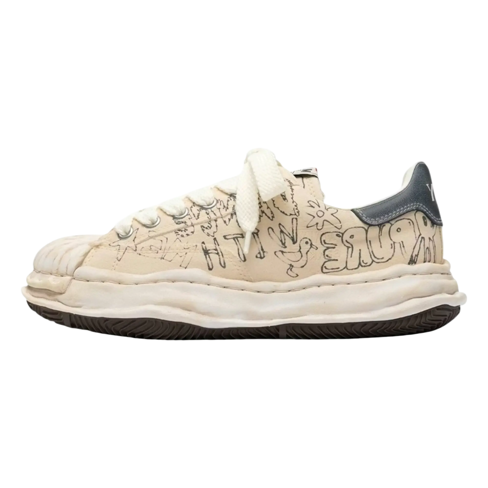 Maison Mihara Yasuhio Blakey Original Sole Graffiti Printed Canvas Cream Low-Top Sneaker