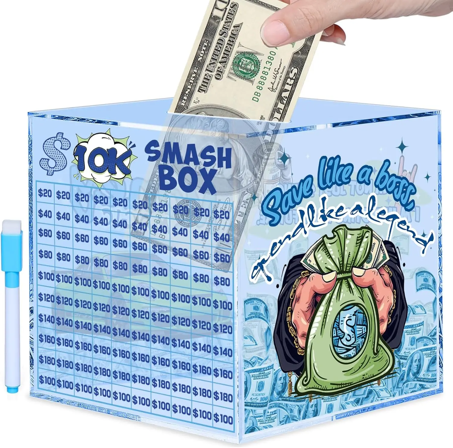 10k Smash Box for , Large Piggy  for Adults 10000 Savings Challenge Box,  Saving Box for , Big Unbreakable Clear   Saver  Break to Open (Blue)
