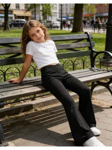 Girls' Knitted Solid Color Elastic Bell Bottom Pants, Fashionable and Simple, Daily Leisure Wear, Suitable for All Seasons, Machine Washable and Dry Cleanable