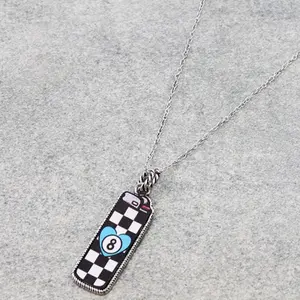 Western Checkered Light Printed Leather Necklace with 8 Ball Blue Heart Design on Silver Chain