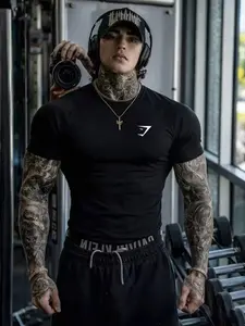 Men's New Muscle Fitness Short Sleeve Basketball Running Training Reflective Plain Elastic Sports T-Shirt, Gym Workout Tee, Gym Top