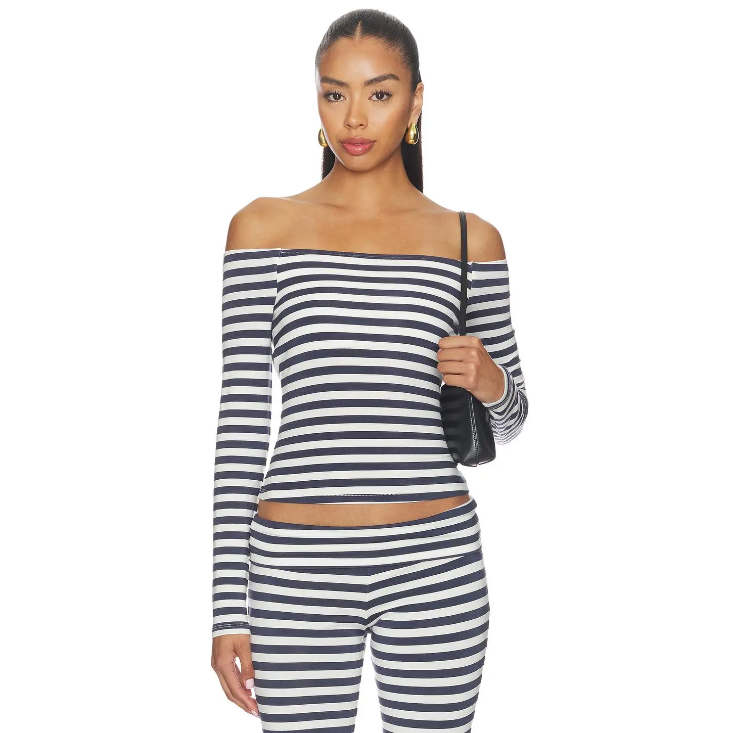 CAROLINE CONSTAS Avery Off The Shoulder Knit Top in Navy Stripe