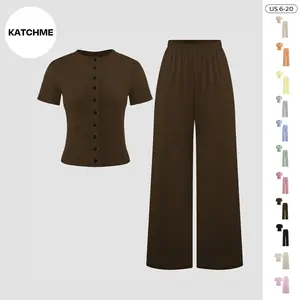 KatchMe Women's Leisure Solid Color Button Short Sleeve Slim Top & Wide Leg Trousers Co-ord, Minimalist Two Piece Outfits, Comfortable Womenswear(2)