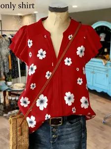 Plus Size Women's Floral Print V-Neck Blouse, Ruffle Short Sleeve Loose Chiffon Top, Summer Casual Wear, Daily, Date, Vacation, Commute