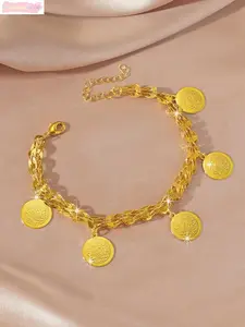 Gold Plated Coin Charm Bracelet For Women, Phoenix Tail Chain Design, Vintage Engraved Disc Wrist Jewelry For Daily Wear tiktokshopspringglowup