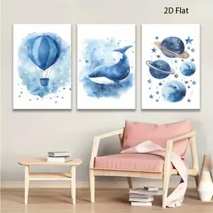2D flat, 3-piece set of 2D flat dreamy blue watercolor space and ocean home wall decoration posters, birthday party gift, love anniversary, Halloween, Christmas, Thanksgiving, autumn harvest, hangable waterproof canvas painting, 2D flat, seasonal decorati