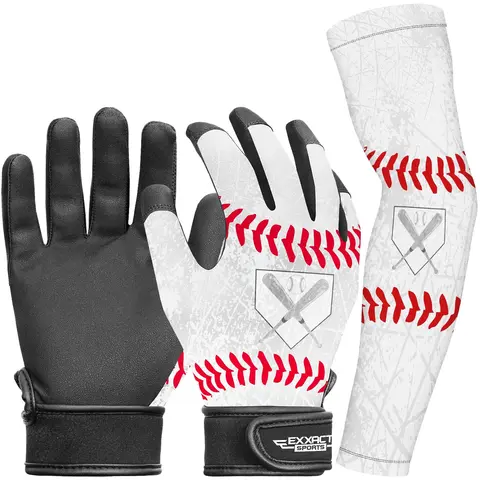 Exxact Sports Youth Engineered Leather Baseball Batting Gloves with Sturdy Compression Arm Sleeve for Kids, 88% Polyester Blend, Fast Hook&Loop, Stable Fit, Superior Grip&Control, Reinforced Tips, Double Stitched, Snug Contour, Built for Baseball Practice