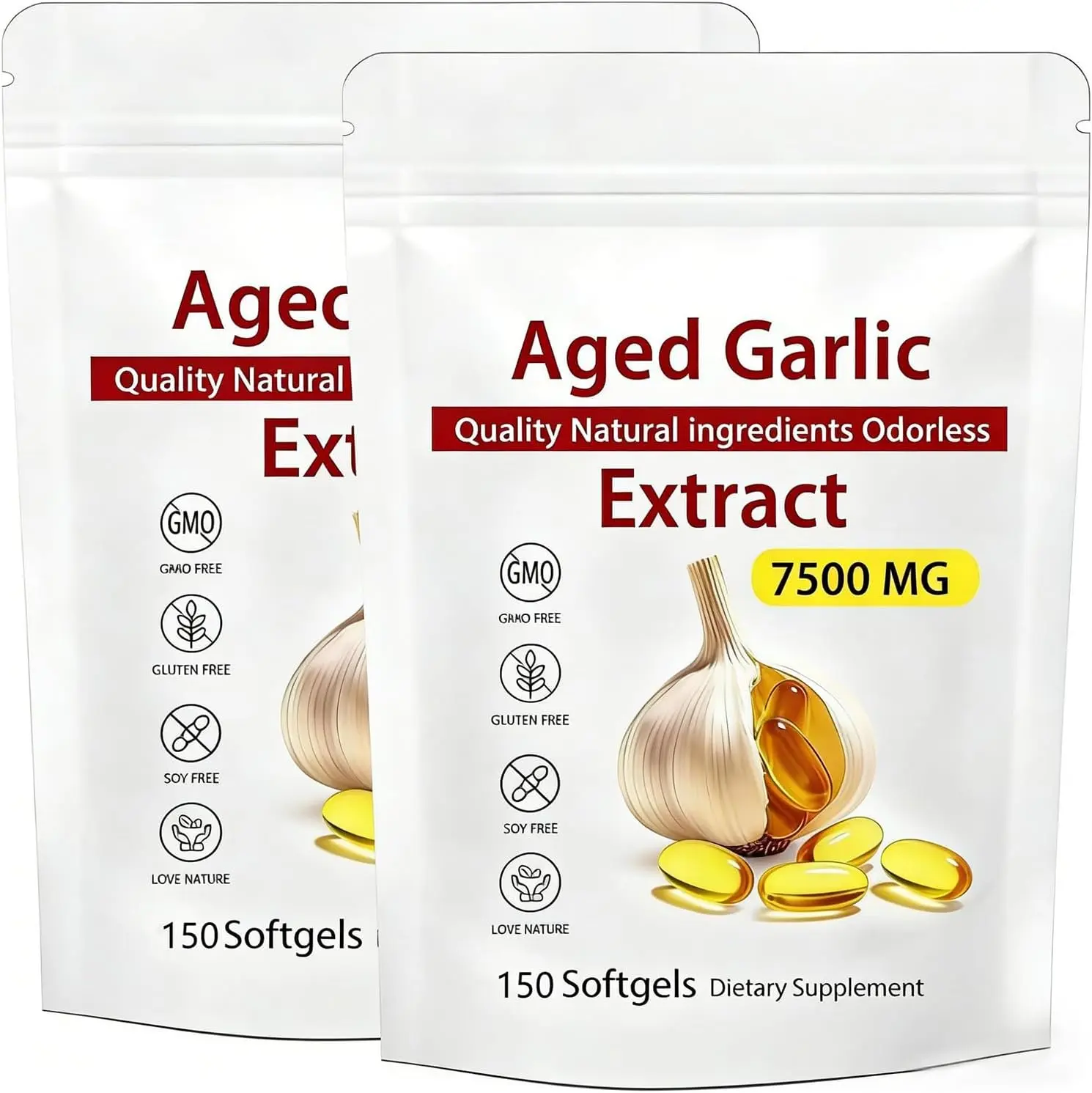 2PCS Odorless Aged Garlic Extract Softgels,Odorless Garlic Supplements ,150 Count 7500mg Odorless Garlic Organic Garlic Extract Softgels, Non-GMO Gluten Free Vegetarian Vegan ， Antioxidant Supplement