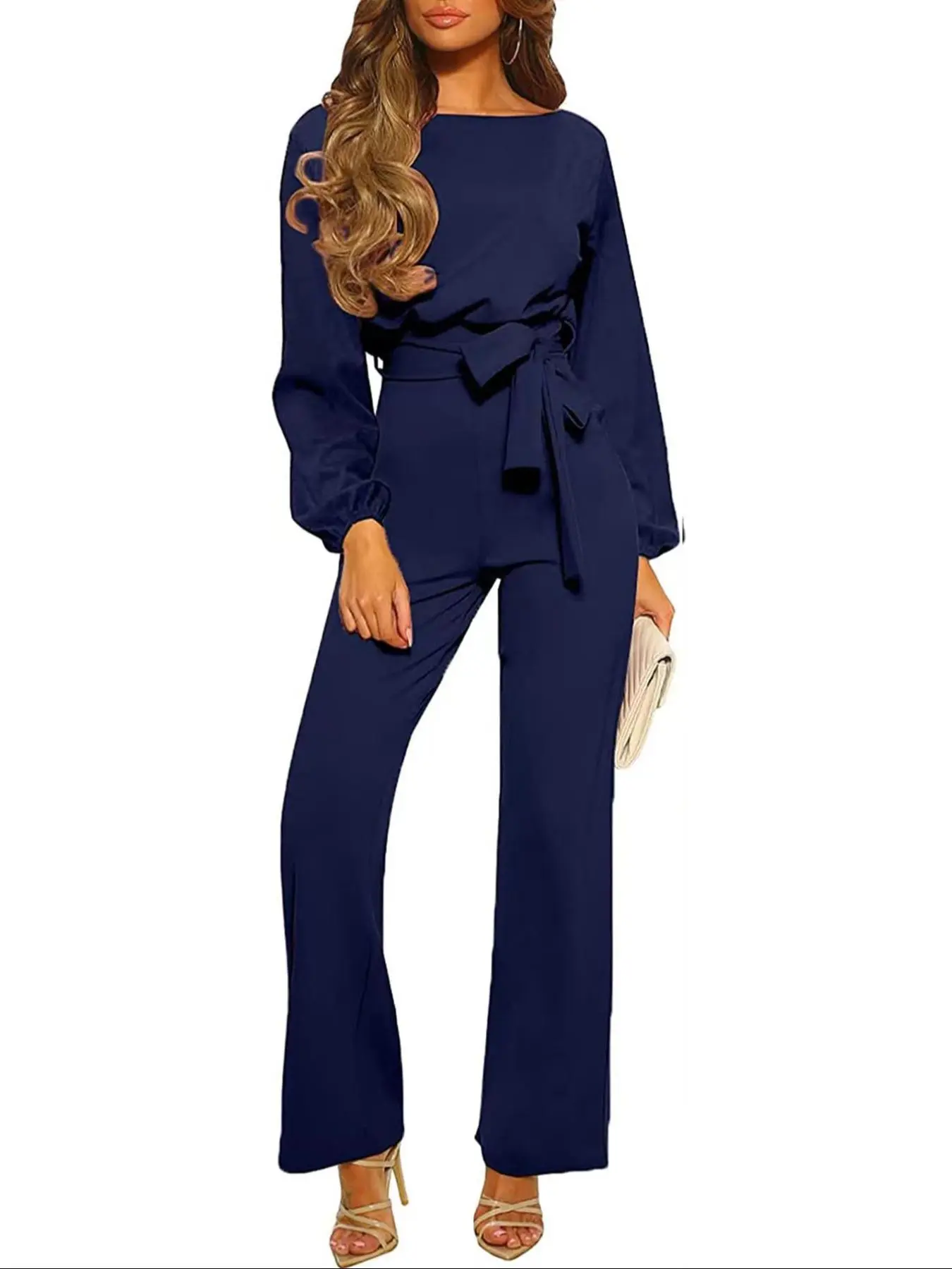 Women's Long Jumpsuit with Belt for Business Office Casual Wear, Plain Simple Elegant Chic Style, Fall & Winter Fitted Long Sleeve Belted Design