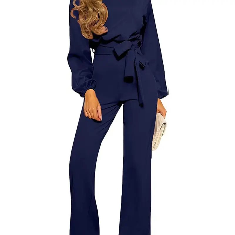 Women's Long-Sleeve Solid Belted Jumpsuit, Full-Length Fitted Style for Business Casual Office Wear