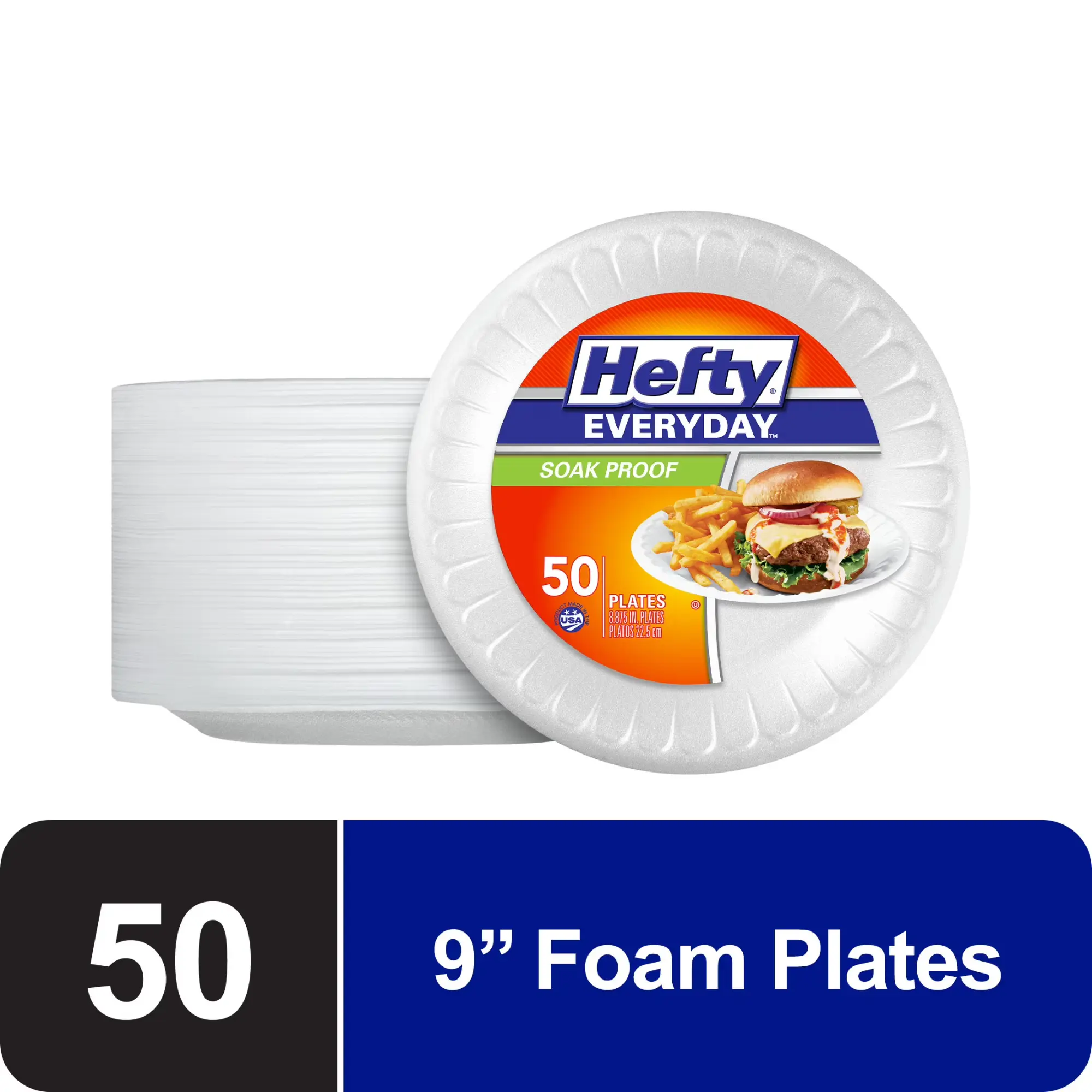 Hefty BPA-Free Soak-Proof Foam Plates - White, 8.875 in, 50 Count, Disposable Dinner Plates, Hamburger Ready, Pasta Stays Put for Everyday Use, Party Supplies