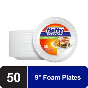 Hefty Everyday Soak-Proof Foam Plates White 8.875 inch 50 Count BPA-Free Disposable Plates for Everyday Use