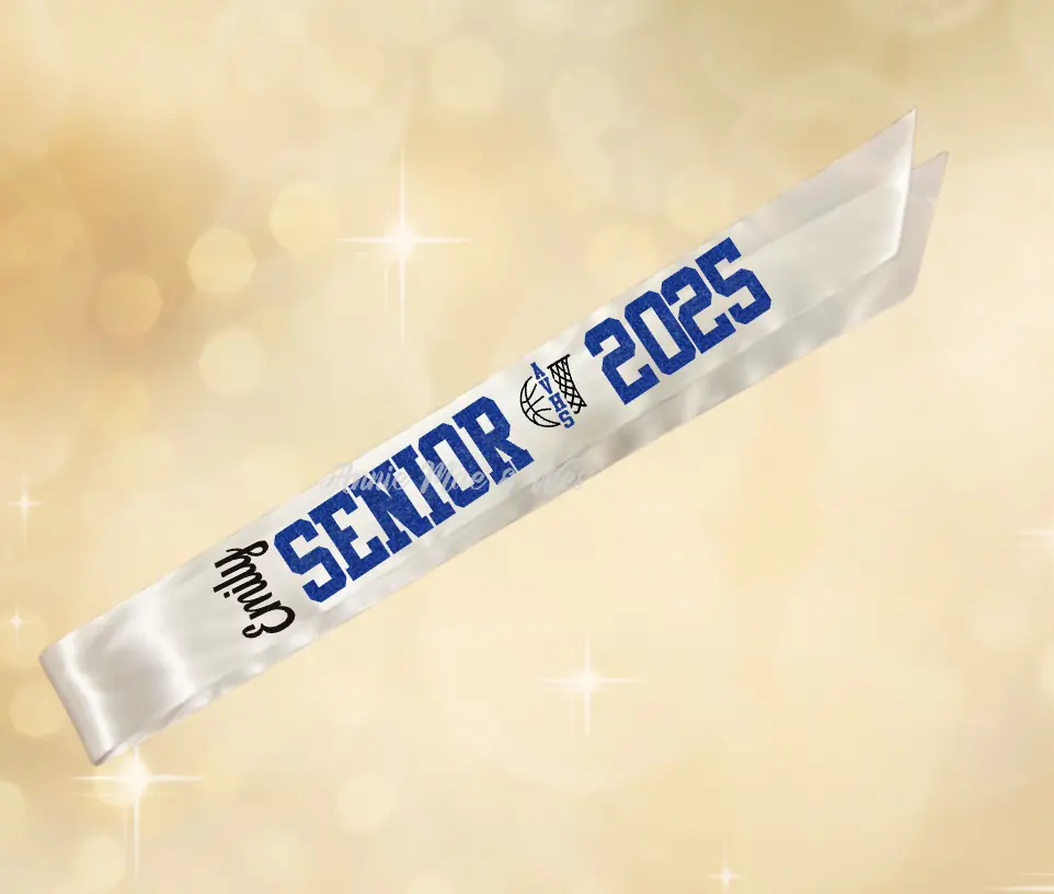 Annie Mae and Wes Custom Senior Sash for Senior Students - White with Grad Cap Design, Ideal for Graduation Celebrations