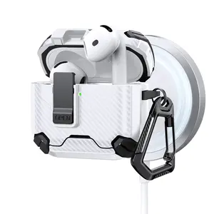 Carbon Fiber Auto Pop-Up Case with Stand, Wireless Magnetic Charging Protective Cover for AirPods 4 Pro & Pro2, Shockproof Design