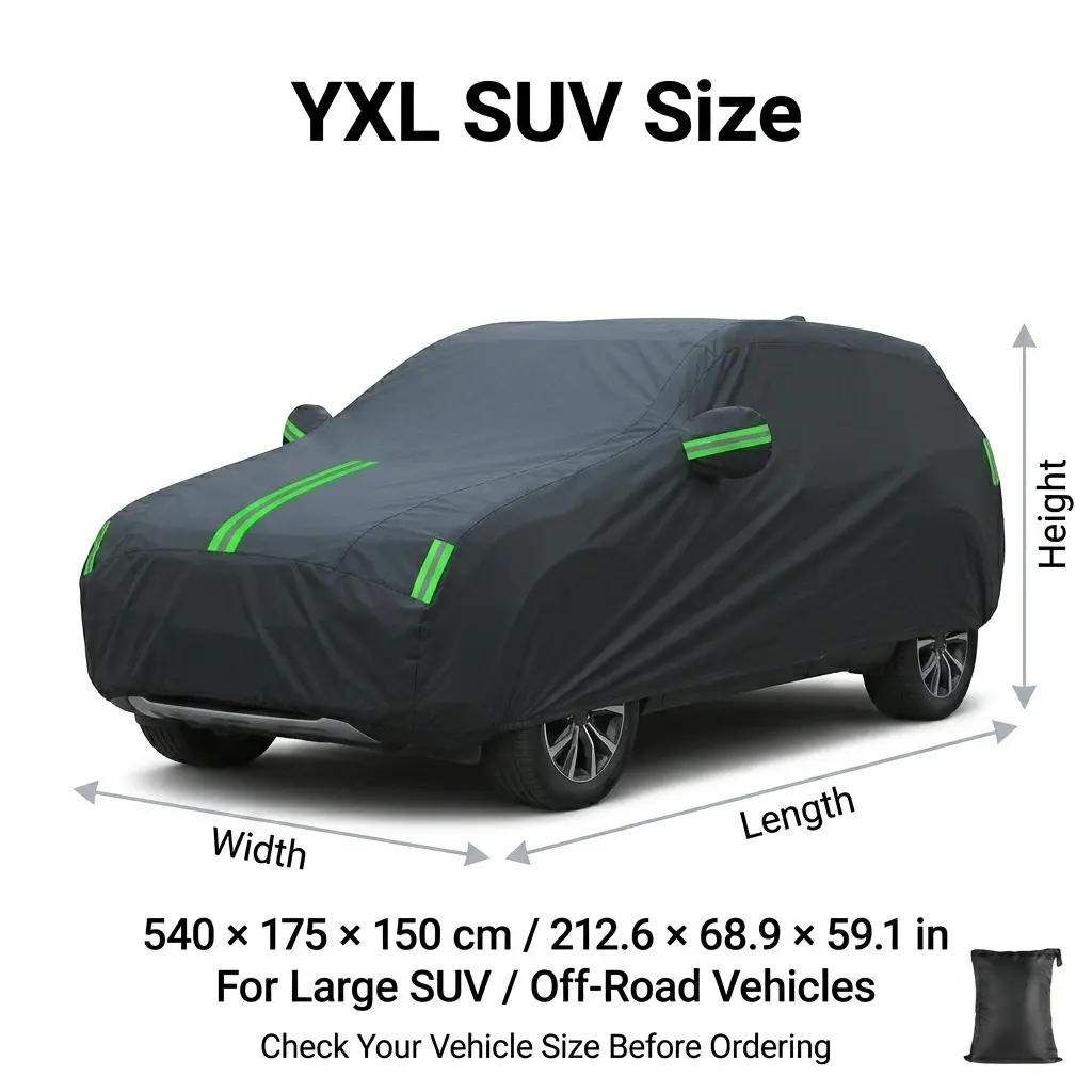 YXL Water-Resistant SUV Car Cover, Full Exterior Auto Cover with Mirror Pockets, Buckle Strap and Storage Bag Black Full Car Cover for Large SUVs, YXL Outdoor Cover for Sun, Rain, Snow and Dust Protection YXL SUV Car Cover, 190T, Full Exterior Cover,
