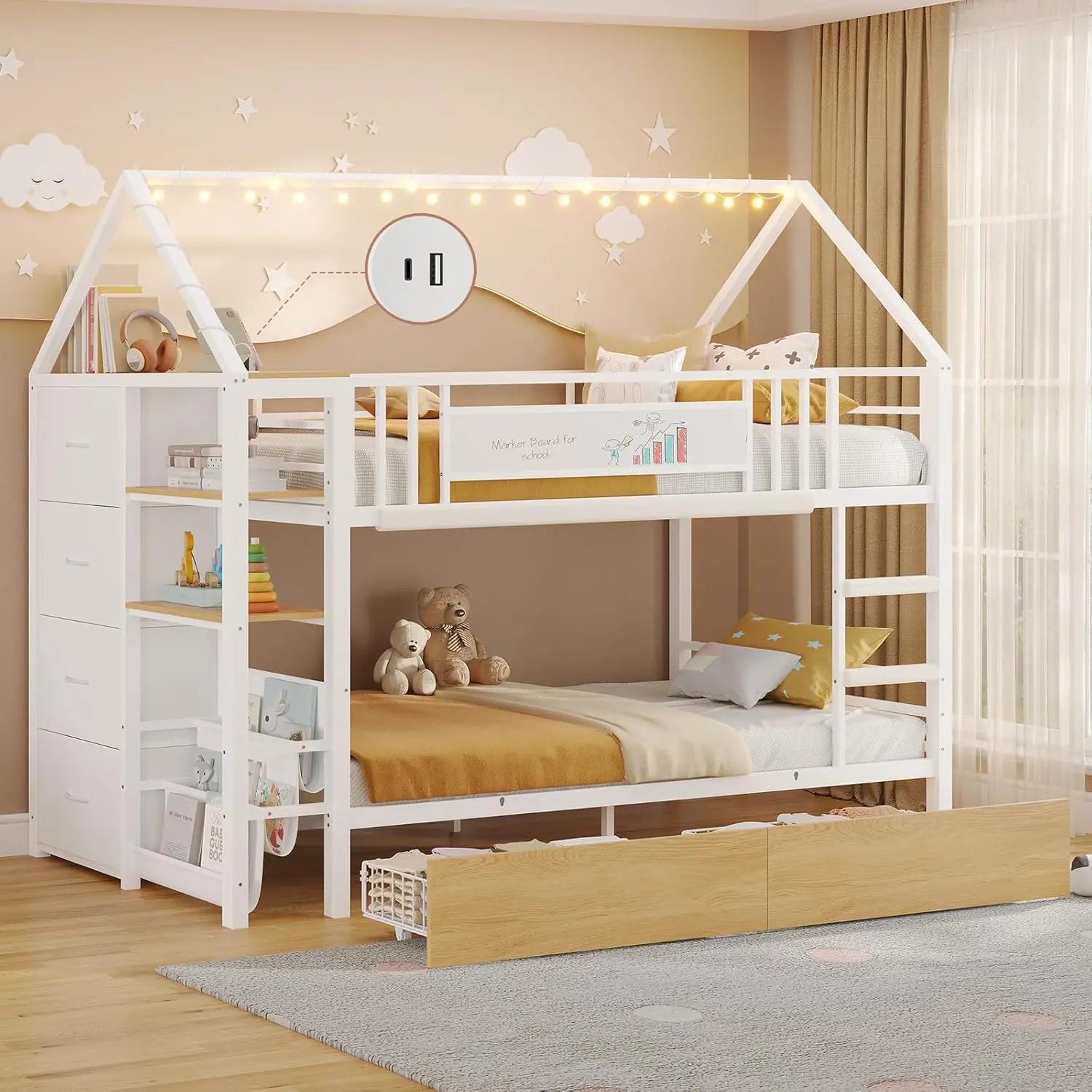 Sikaic Bunk Bed Twin Over Twin with Storage Drawers and Globe String Lights, House Shaped Low Bunk Bed with Montessori Bookshelves, Metal Bunk Beds for Kids with Ladder and Guardrail, Space Saving Kids Furniture Bedroom Summerwins