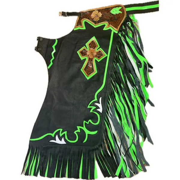 Adult Bull Riding Chaps Black & Green w Cross Bull Riding Rodeo Chaps 29"-34" Waist / 32" Height
