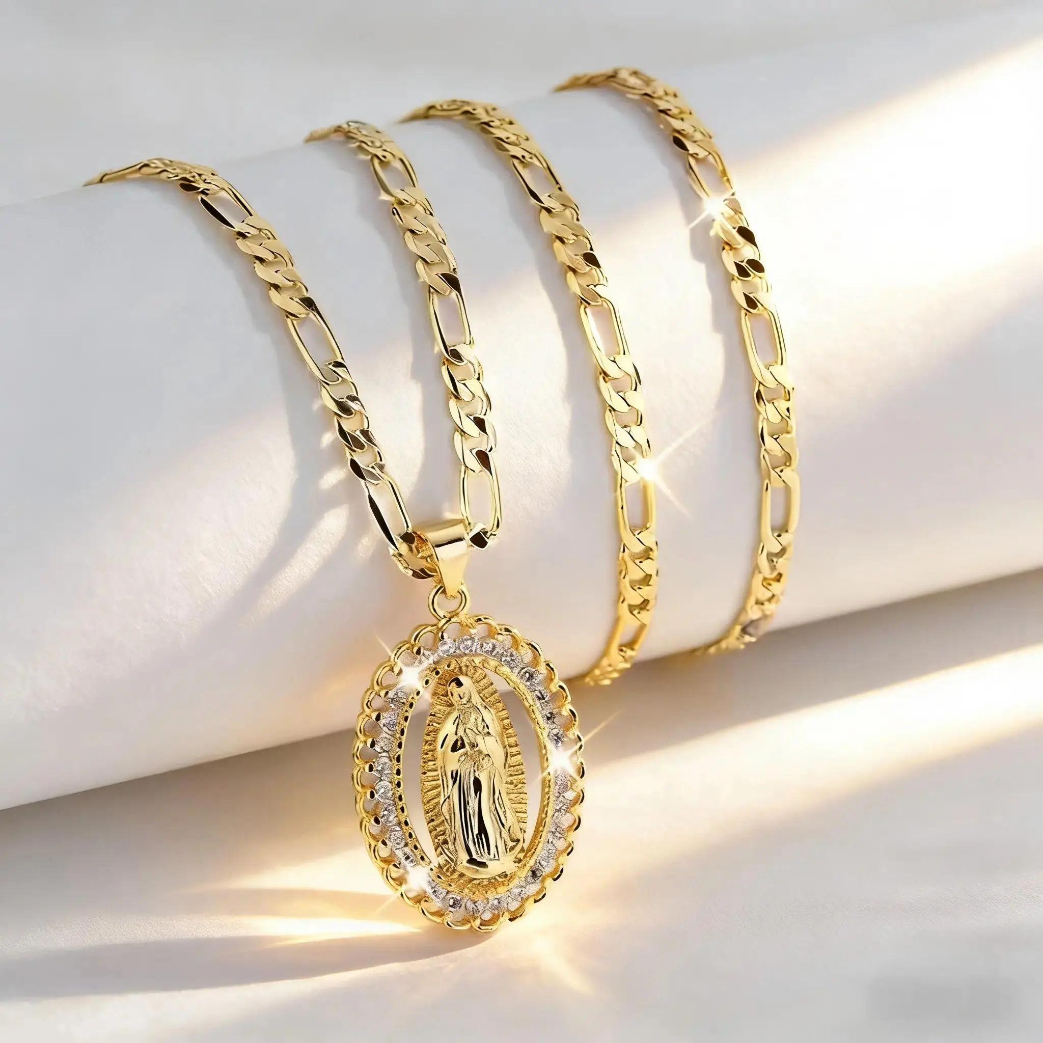 Our Lady of Guadalupe Necklace, Gold Plated Oval Medallion with Sparkling Cubic Zirconia - Unisex Faith Pendant, Religious Jewelry Gift, Bling Pendant, Cubic Zirconia Pendant