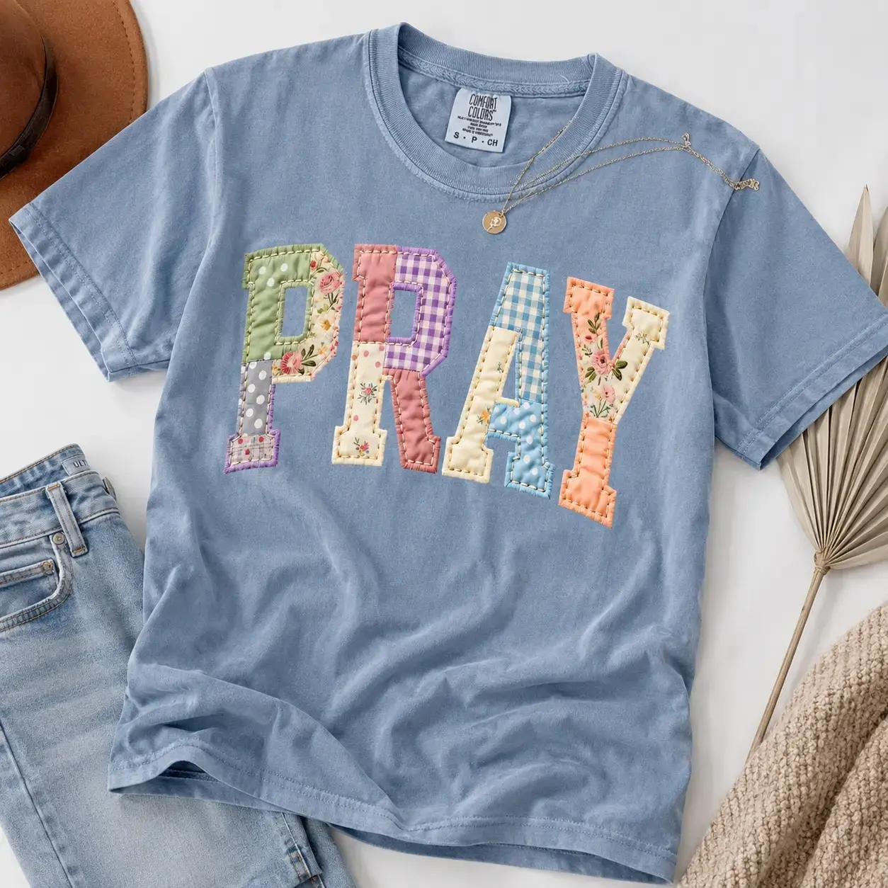 [PRINTED Shirts] Christian Faith T-Shirt, Easter Religious Graphic Tee, Quilted Style Jesus Shirt, Preppy Cottagecore Faith Top, Vintage Casual Cotton T-Shirt, Inspirational Gift for Women-Lin's Trendyy
