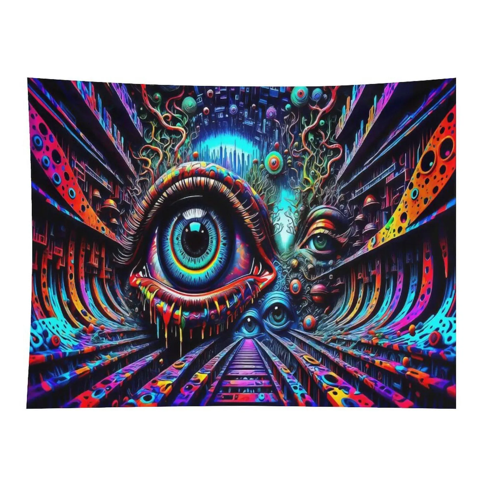 Trippy Surreal Psychedelic Eyes City Tapestry Colorful Vibrant Weird Vision Art Hypnotic Aesthetic Wall Hanging Home Decor