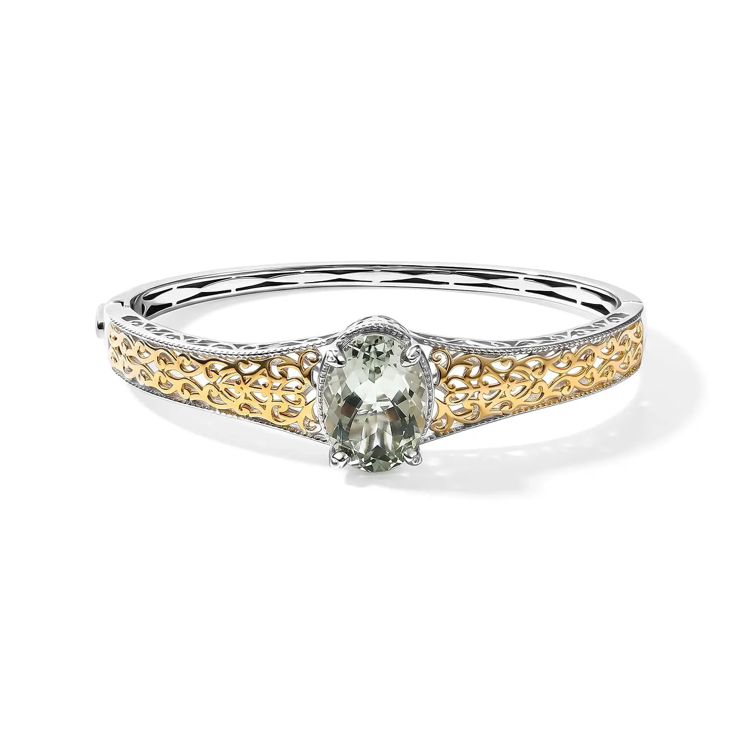 EverTrue Montezuma Prasiolite 12.10 ctw Bangle Bracelet in 18K YG Plated and Platinum Bond (7.25 in)
