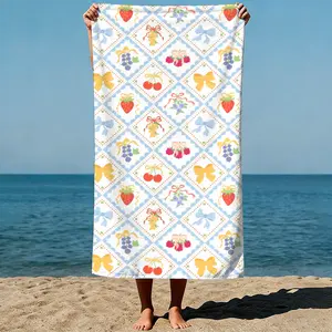 Vintage fruit and bow pattern: repeating design of strawberries, cherries, and bows, quirky and whimsical digital art style. Sand-Free Beach Towel | Ultra-Light Microfiber | Quick-Dry, Compact for Travel