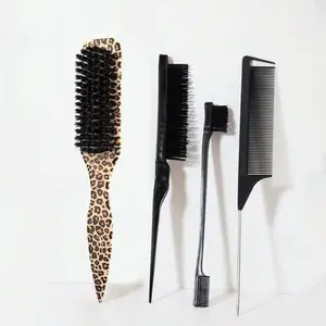4-Piece Luxury Leopard Print Nylon Brush and Comb Set, Odorless Gentle Easy-to-Clean Hair Styling Combs for Parting, Detangling and Smoothing