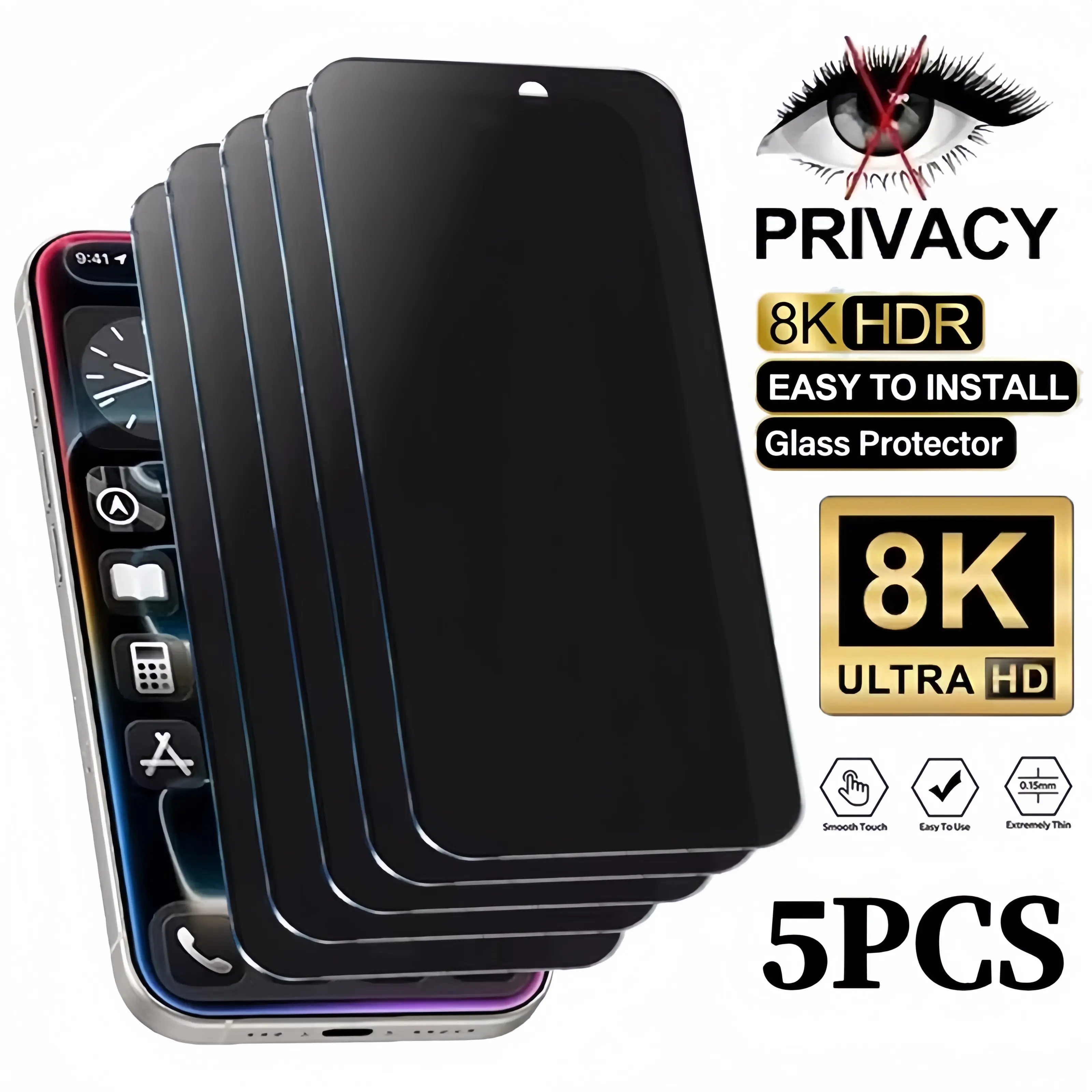 5Pcs Privacy Screen Protector for iPhone 16 15 14 13 17 Air Pro Max Plus 16E Full Coverage Anti Spy 9H Hardness Tempered Glass Film No Bubbles Case Friendly