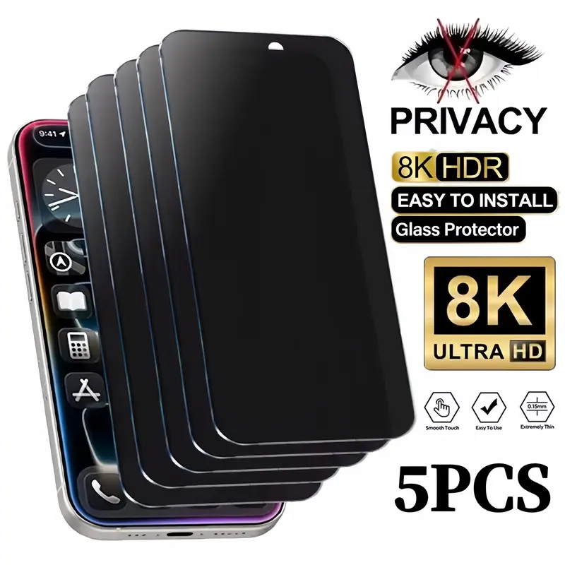 5Pcs Multi-Model Tempered Glass Privacy Screen Protector for iPhone 13 14 15 16 16E Plus 16 Plus 17 Air Pro Max, 9H Hardness, Full Coverage, Anti-Spy, Bubble-Free, Scratch Resistant, Case Friendly, Easy Installation