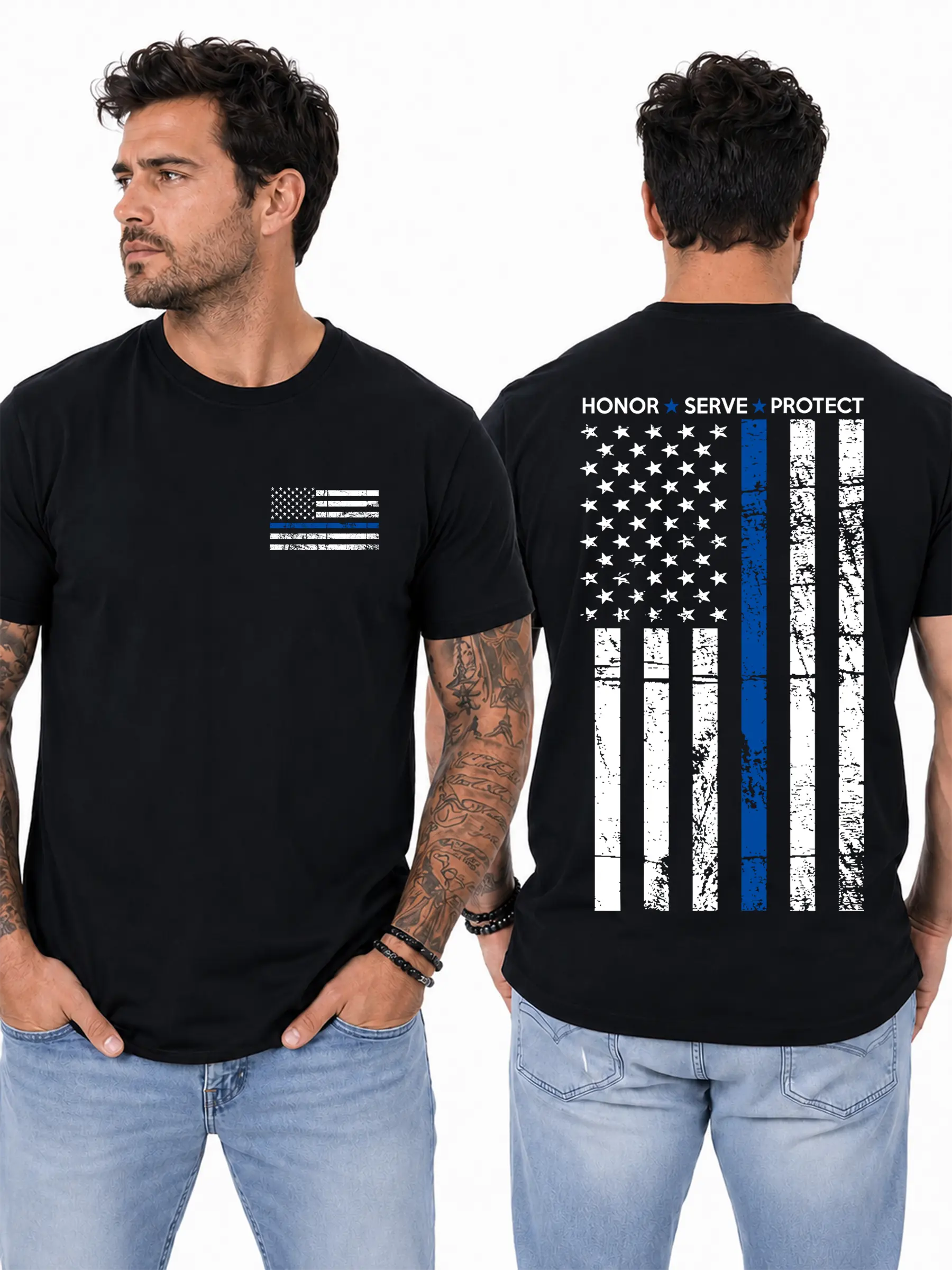 Honor Serve Protect T-Shirt, Thin Blue Line Distressed Flag Tee for Police Supporters, Patriotic Law Enforcement Appreciation Shirt, First Responder Pride Apparel Design