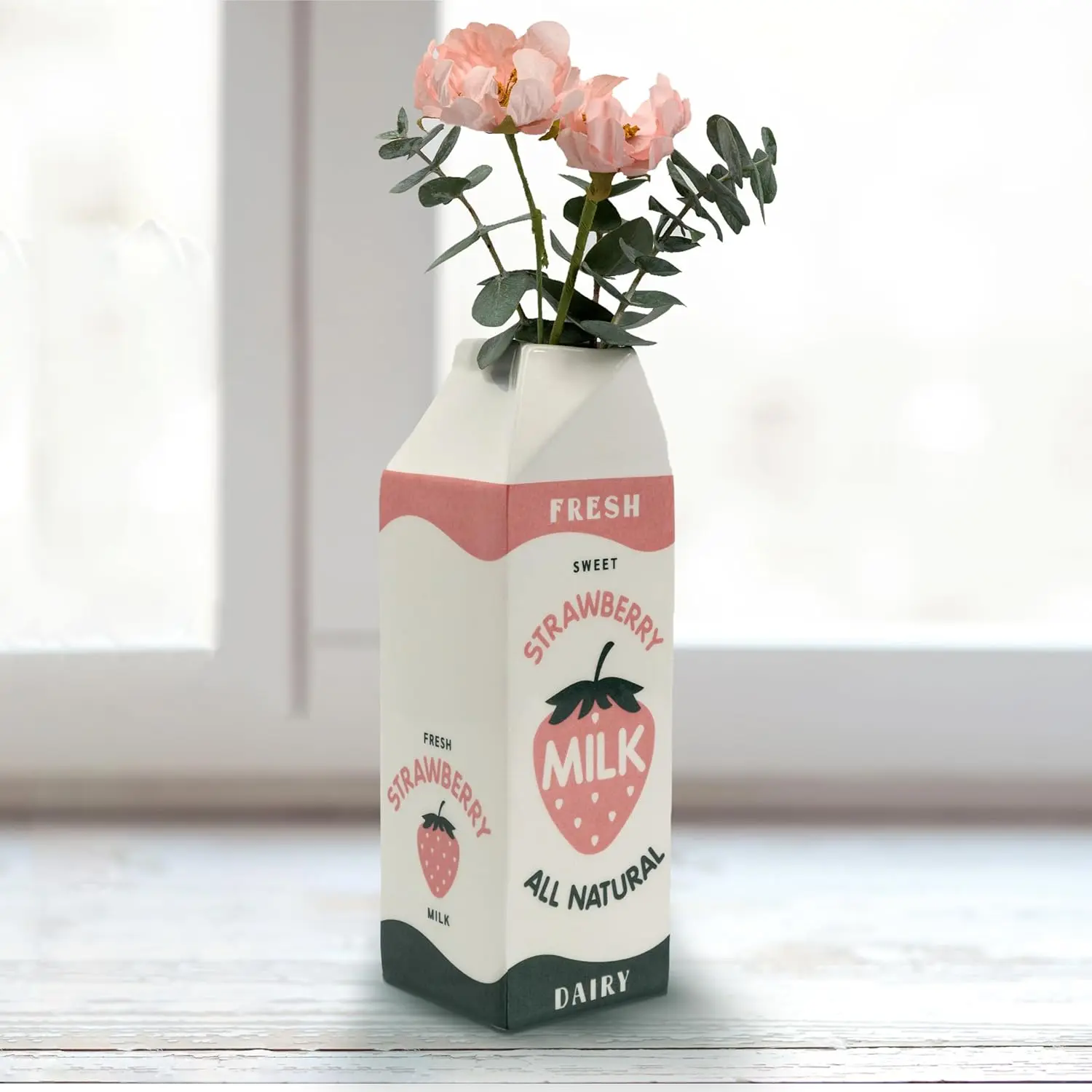 Retro Strawberry Milk Carton vase - Inspired Kawaii Ceramic - Strawberry Flower vase -Cute Accent Decor for Your  Kitchen Office