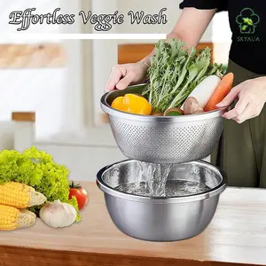 Stainless Steel Mixing Bowls, Rice Washer Strainer Bowl Large Mixing Bowl Salad Mixing Bow, Rice Cleaner Strainer Stainless Steel Colander For Washing Vegetables, Fruit, Rice, Straining Pasta