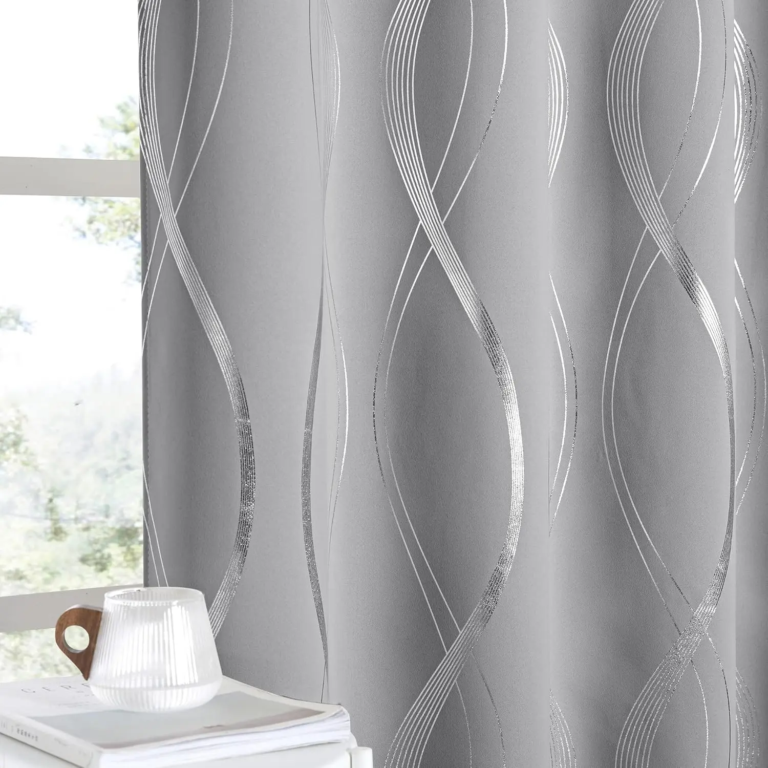 NICETOWN Blackout Curtains for Bedroom， Noise Reducing Thermal Insulated Wave Line Foil Print Design Blackout Curtains for Patio Sliding Glass Door (2 Panels， 52 x 72 Inch， Silver Gray)