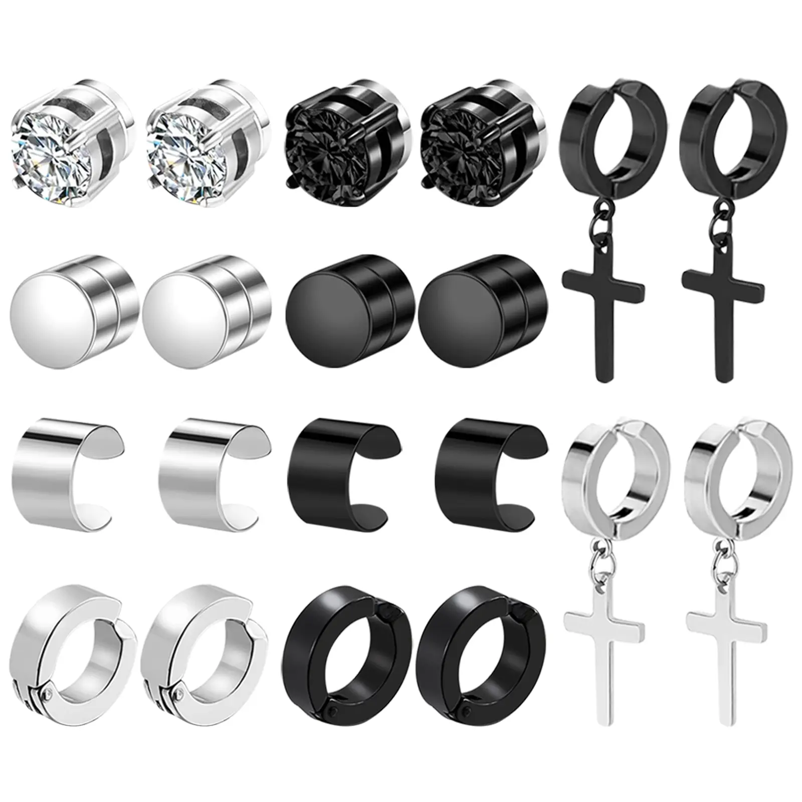 OIDEA Unisex Magnetic Non-Pierced 10-Pair Stainless Steel Accessories - Magnetic Clip Styles Including Studs, Hoops, Black Cross Dangles for 2024 Fashion, Men's Earrings, Magnetic Clip Earrings summerwins,summerwins