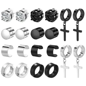 Unisex Magnetic Non-pierced Earrings: 10 Pairs Men Women 2024 Clip On Earrings Non Pierced Studs Hoop Fake Black Cross stainless steel Dangle Earrings