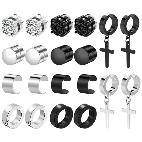 OIDEA Unisex Skin-Safe Steel SS Magnetic Clip-On Earrings (10 Pairs Fake Piercings Pack) - Studs, Hoops, Black Cross Dangles, Earrings for Women, 2024 Fashion, Business Meetings Accessories