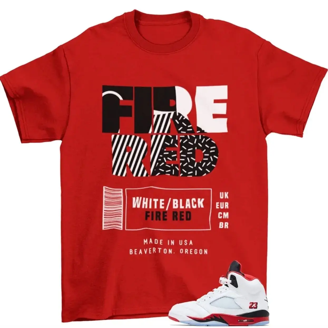 Retro Label JD 5 Fire Red Matching Sneaker Tee Shirt Red