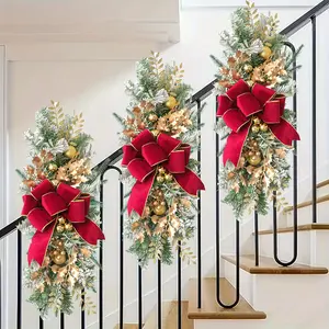 New Christmas Wreath Hanging Staircase Door Decor, Faux Velvet Vine Garland, Realistic Flower Ring, Holiday Decoration