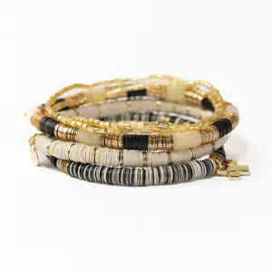 INK + ALLOY Grace Bracelet Stack of 5 - Neutral Boho Style Bangles Stretch Multilayered Bangles