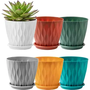 6-Pack 6-Inch Plastic  Pots with Saucers | Thickened PP Material, Modern Wave Texture,  Drainage for Indoor/Outdoor Garden  | Multicolor Value Set