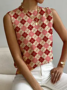 Women's Geometric Plaid Colorblock Print Stand Collar Sweater, Casual Sleeveless Knit Top for Fall Winter, Comfortable All-Season Wear