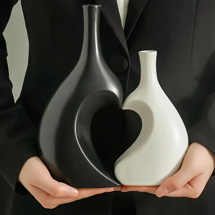 2pcs Modern Nordic Minimalist Black & White Plastic Vase with Cylindrical Shape - Round Vertical Vases Suitable for Home Office Desk Decor, Christmas, Wedding, Prom - Flower Holders for / Artificial Flowers, Decorative Vase