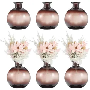 Brown Bud Vase Set of 6, Small Vases for Centerpiece, Round Vintage Clear Mini Vases in Bulk for Wedding Floral Party Home Table Decor