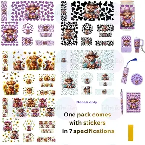 UV DTF Sticker Set 7-In-1 Multi-Surface Decoration Kit + Tool, Highland Cow Design for Cups, Notebooks, Bottles, Pens, Bookmarks, Caps, Keychains, Stickers Kit, Decal Sticker