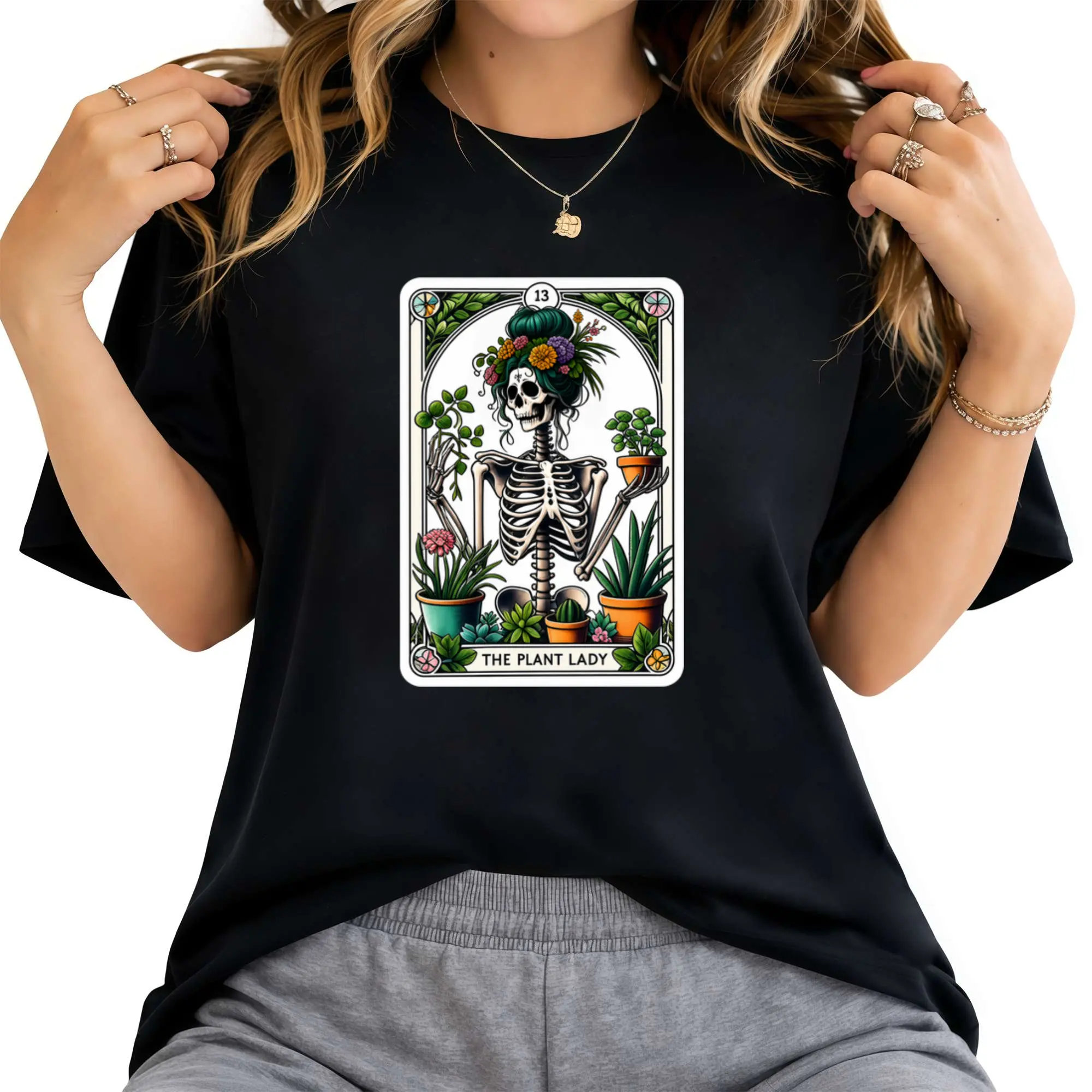 The PLANT LADY Skeleton Tarot Card T-shirt, Skeleton Plant Lover Shirt, Plant Mom Shirt, Witchy Funny T-Shirt, Humorous Shirt